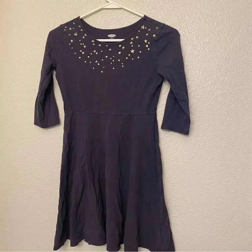 Old Navy Fit flare 3/4 long Sleeve basic Dress purple stars 100% cotton L 10-12